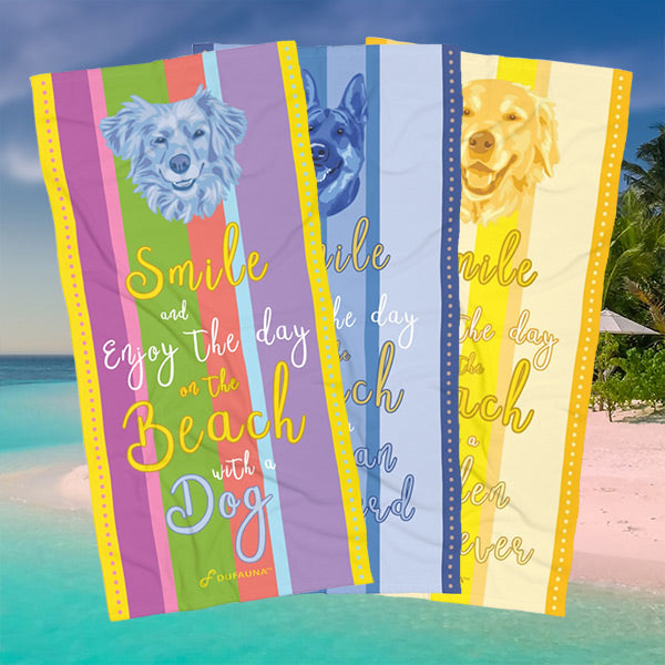 DuFauna beach towels with images of your favorite pet breed.