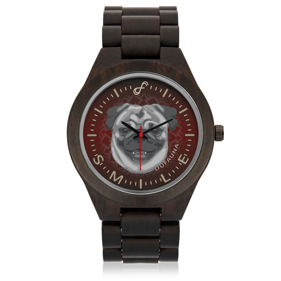 Grey/Dark Red Pug Smile Wood Watch SW0624