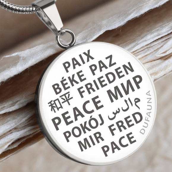 Peace circle necklace in 24 languages - steel or gold - grey letters on white background