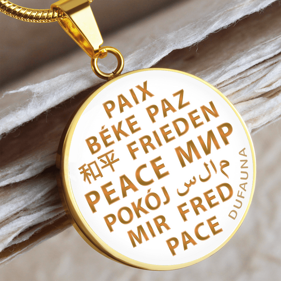 PEACE circle necklace in 24 languages - steel or gold - gold-beige letters on white