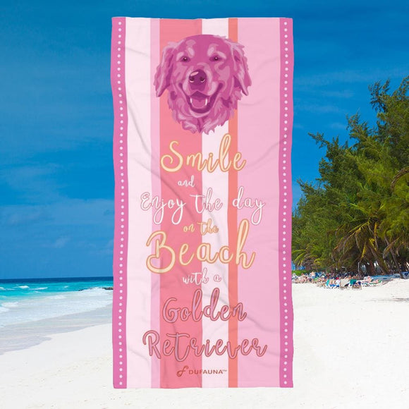 Golden Retriever Beach Towel Smile Pink 30 X 60 Or 36 X 72 - Dufauna - Topfauna