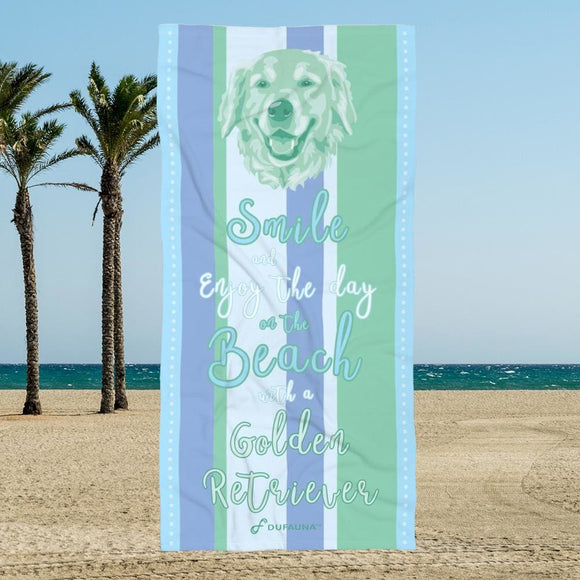 Golden Retriever Beach Towel Smile Turquoise 30 X 60 Or 36 X 72 - Dufauna - Topfauna