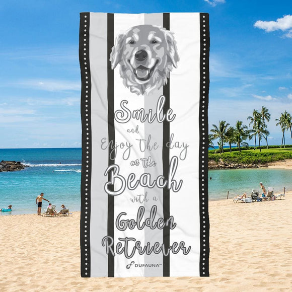Golden Retriever Beach Towel Smile White/black 30 X 60 Or 36 X 72 - Dufauna - Topfauna