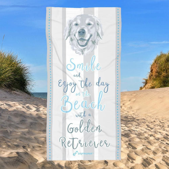 Golden Retriever Beach Towel Smile White/light Grey 30 X 60 Or 36 X 72 - Dufauna - Topfauna