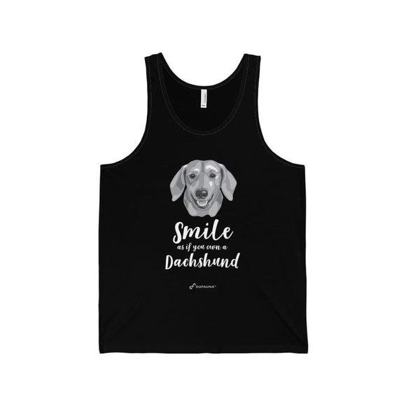 Smile As If You Own A Dachshund - B/w Face And White Text - Unisex Jersey Tank - Dufauna - Topfauna