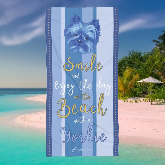 Yorkie Beach Towel Smile Blue 30 X 60 Or 36 X 72 - Dufauna - Topfauna