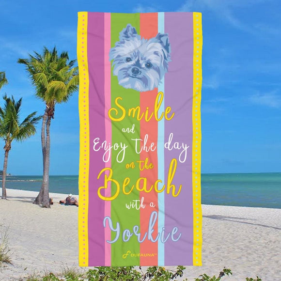 Yorkie Beach Towel Smile Brightly Colored 30 X 60 Or 36 X 72 - Dufauna - Topfauna