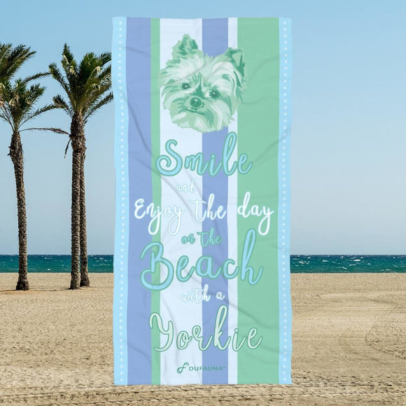Yorkie Beach Towel Smile Turquoise 30 X 60 Or 36 X 72 - Dufauna - Topfauna