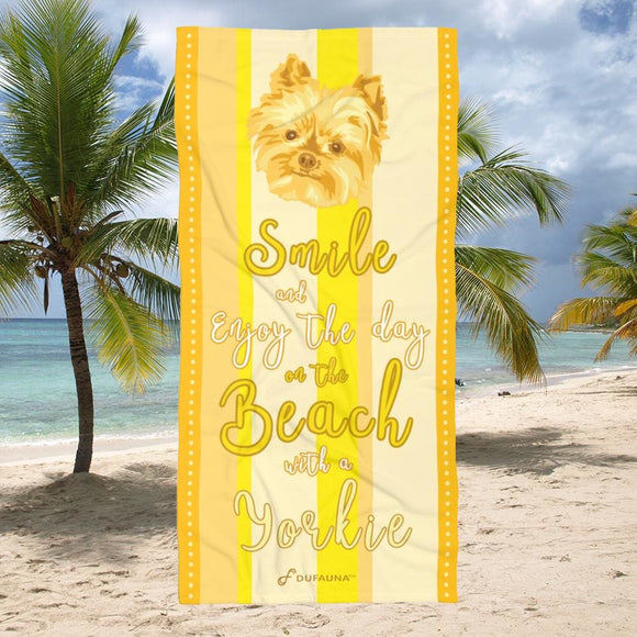 Yorkie Beach Towel Smile Yellow 30 X 60 Or 36 X 72 - Dufauna - Topfauna